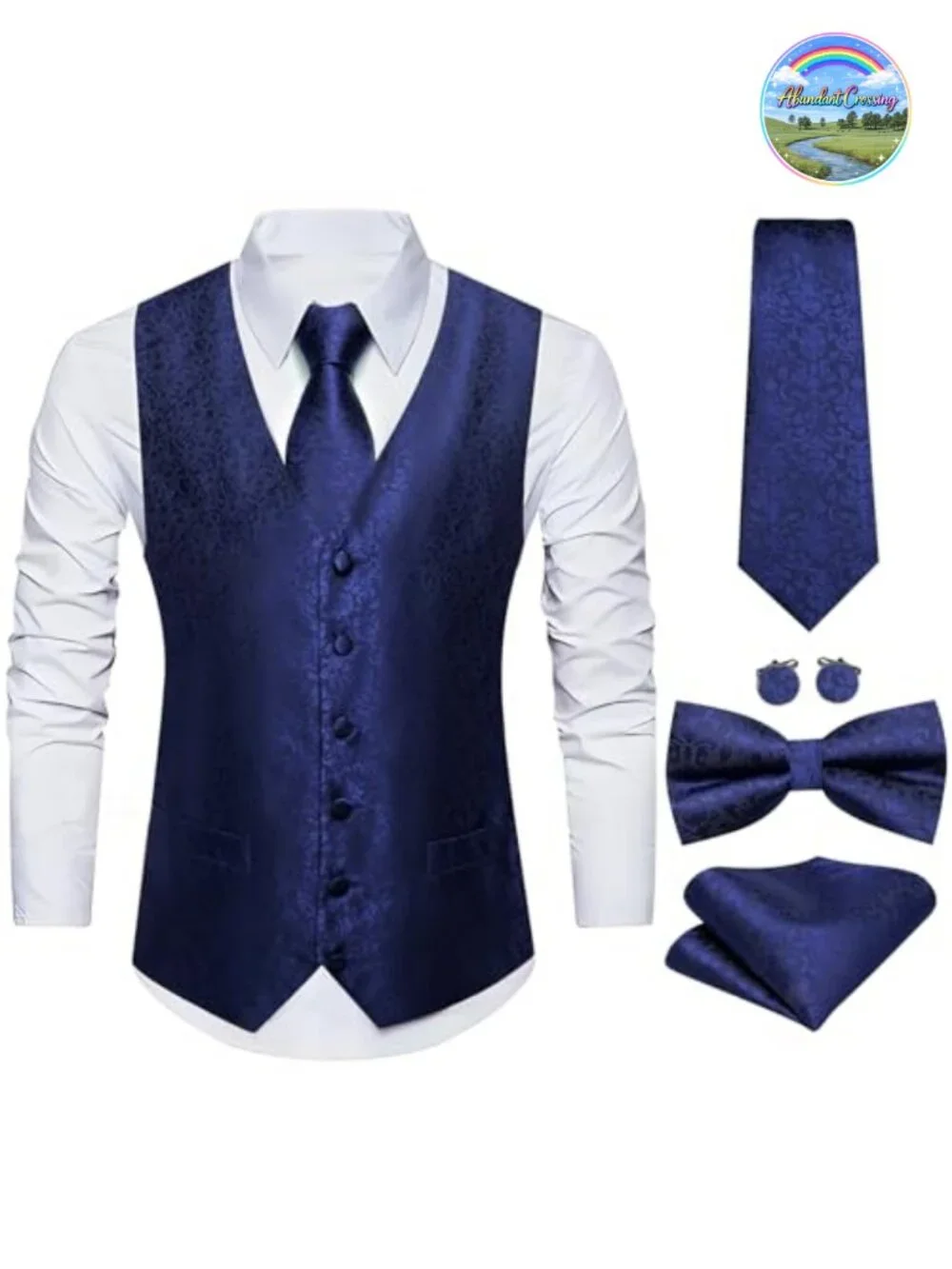 Men's 7PC Suit Vest Set Tie Bowtie Pocket Square Cufflinks Brooch Clip Formal